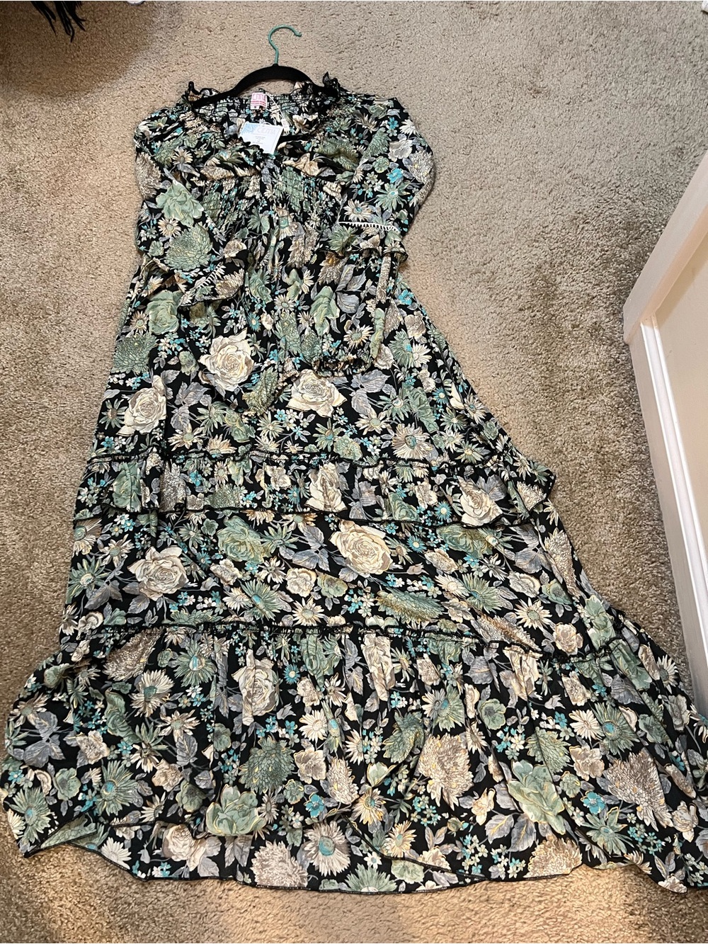 Girls Black Floral Maxi Dress with Green & gold Accents Size S NWT